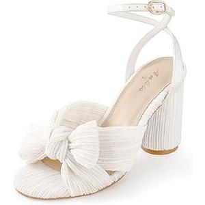 Ankis White Gold Bow Heel Chunky Wedding Shoes for Bride 3.15 Inch High Heel Open Toe Ankle Buckle Strap Dressy Pleated Kont Women Shoe Party Graduation Event Summer 7.5