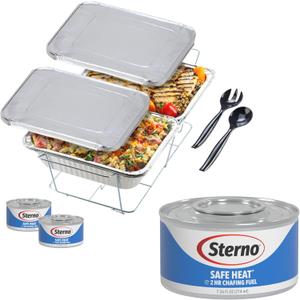 Sterno Disposable Complete Chafing Dish Buffet Set, 4-Hour Chafer Fuel, Food Warmers, Warming Trays, Lids & Serving Utensils Sterno Disposable Complete Chafing Dish Buffet Set, 4-Hour Chafer Fuel, Food Warmers, Warming Trays, Lids & Serving Utensils