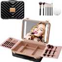 Mocado Travel Makeup Case with Lighted Mirror, Makeup Box with 8 Makeup Brushes and 10x Magnifying Mirror,Cosmetic Case Adjustable Brightness Makeup Train Case with Makeup Brushes Divider(Black)