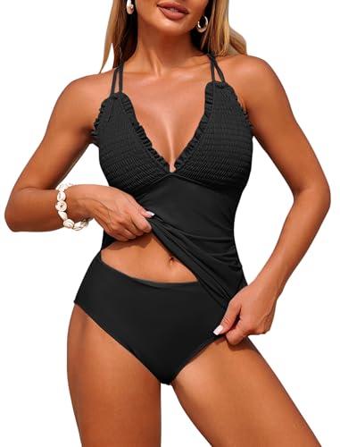 ZAFUL Swim Suits for Women 2025 Smocked Two Piece Tankinis Modest High Waisted Tummy Control Simsuits Sexy Slimming Ruched Push Up Bathing Suit Retro Ruffle Hem Full Coverage Tankini Swimwear Black M