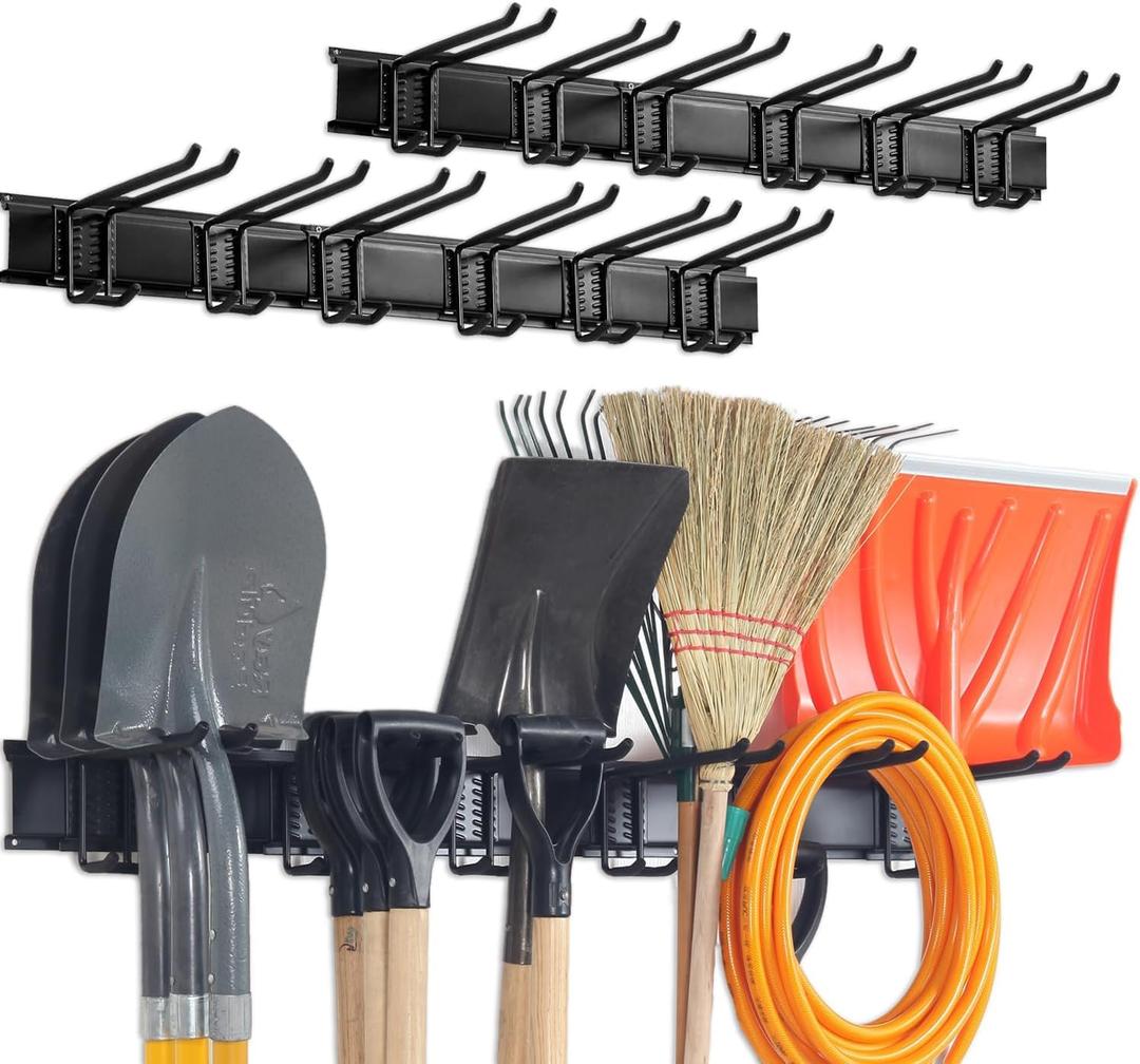 Wall Mount Tool Storage Rack, Garage Organization, Heavy Duty Garage Storage Tool Organizer, Garden Tool Wall Hooks and Hangers, Hold Up to 350lbs Black 2Pack (96inch)