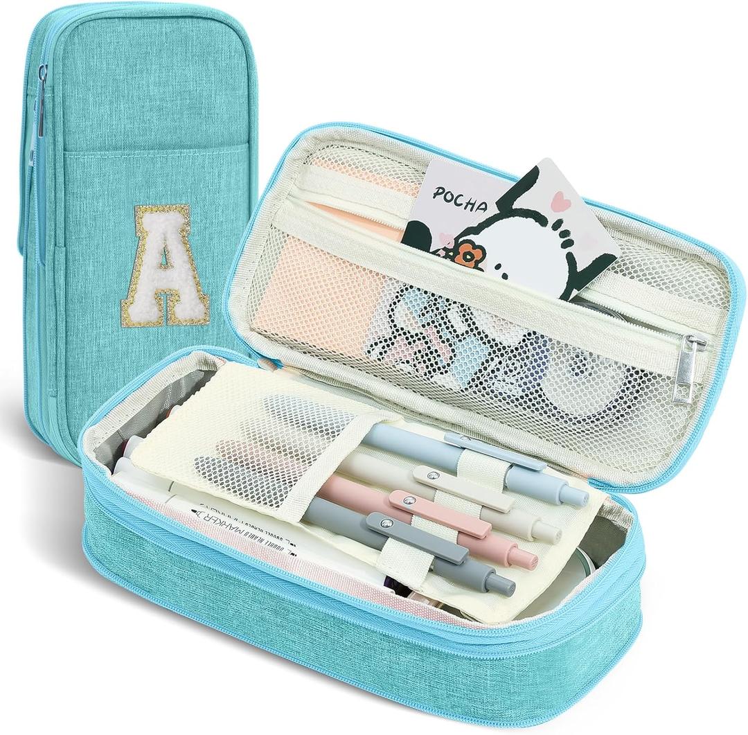 3 x Preppy Pencil Case for School Supplies, Large Initial Pencil Pouch with Zipper, Cute Pencil Bag for Office Supplies, Aesthetic Pen Case Box for Kids Teen Girls Women - A(Blue)