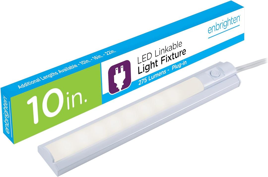 Enbrighten 10 Inch LED Premium Under Cabinet Light Fixture, Plug-In, Bright White 3000K, 275 Lumens, Plastic Housing, On/Off Switch, Perfect for Kitchen, Home Office, Garage, Workbench & more, 26534
