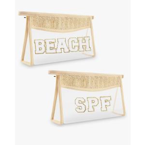 2 Pcs Boho Straw Clear Makeup Letter Pouch, Sunscreen SPF Bag Pouch, Waterproof Beach Toiletry Bag Accessories for Women