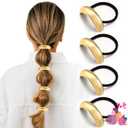 4PCS Gold Hair Ties, Metal Hair Ties for Thick Hair, Elegant Durable Round Geometric Design Hair Cuffs, Gold Hair Accessories Stretchy Non-Damage Ponytail Holders (Gold Set 04)