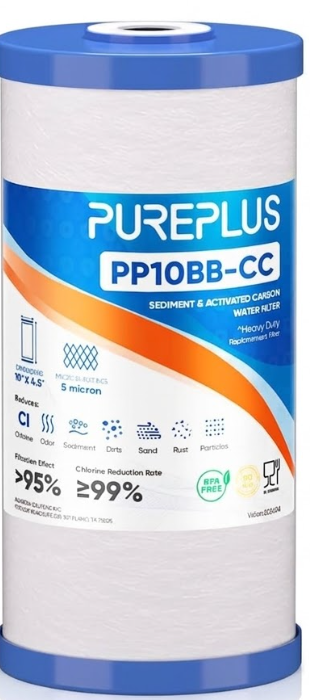 PUREPLUS 5 Micron 10" x 4.5" Whole House FXHTC Sediment and Carbon Water Filter Replacement Cartridge for GXWH40L, GXWH35F, GNWH38S, RFC-BBSA, WRC25HD, PP10BB-CC, RFC-BB, WFHD13001, 3 Pack