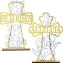 Blulu 2 Pcs Easter Decorations He Is Risen Jesus Cross Sign Gold Centerpieces Wood Tabletop Alleluia Flower Christians Set Table Decor for Indoor Outdoor 11''