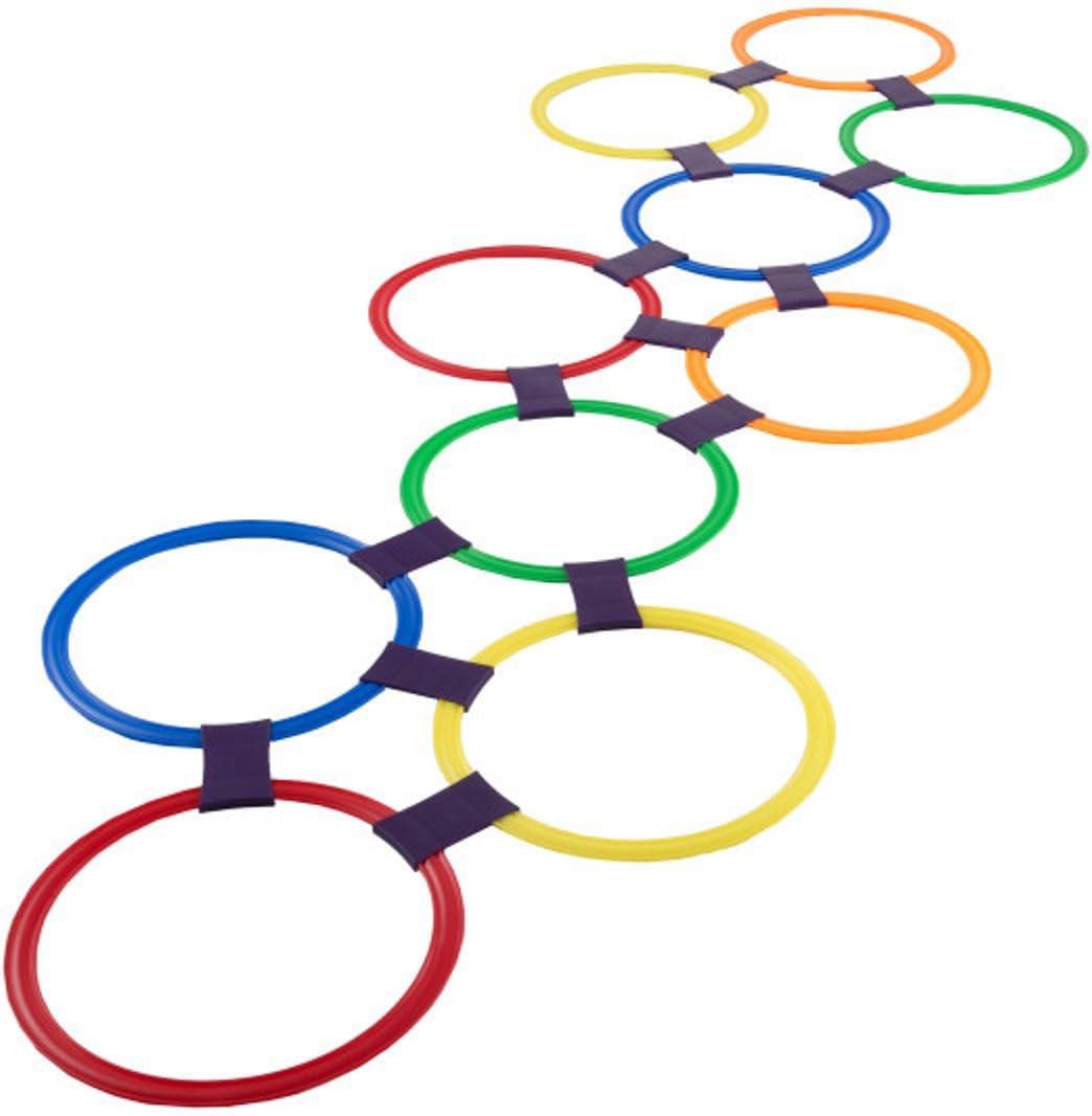 HEY! PLAY! Hopscotch Rings Game - Ten 11-Inch Plastic Rings and 15 Connectors for Indoor and Outdoor Use - Play Set for Girls and Boys (Multicolored)