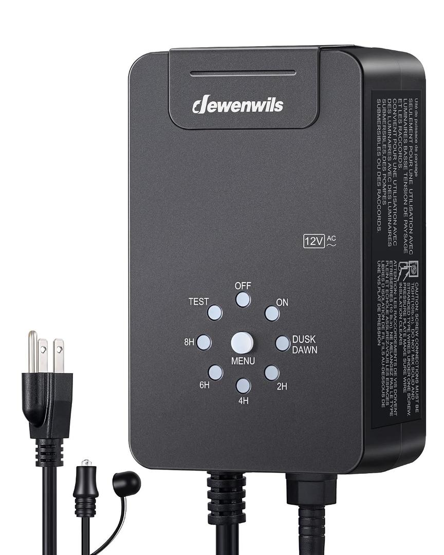 DEWENWILS 60W Low Voltage Landscape Transformer, 120V AC to 12V AC Outdoor Landscape Lighting, Dusk to Dawn Sensor & Timer, Weatherproof Low Voltage Transformer for Spotlights, Garden, Pathway