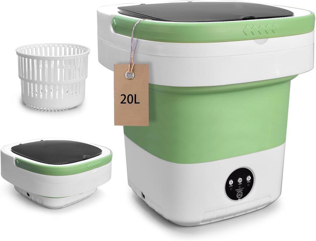 Portable Washing Machine, 20L Upgraded with Spin Basket Laundry Machine, 3 Modes Deep Cleaning, Upgraded Small Collapsible Laundry for Hotel, Apartment, Home and Travel - Green