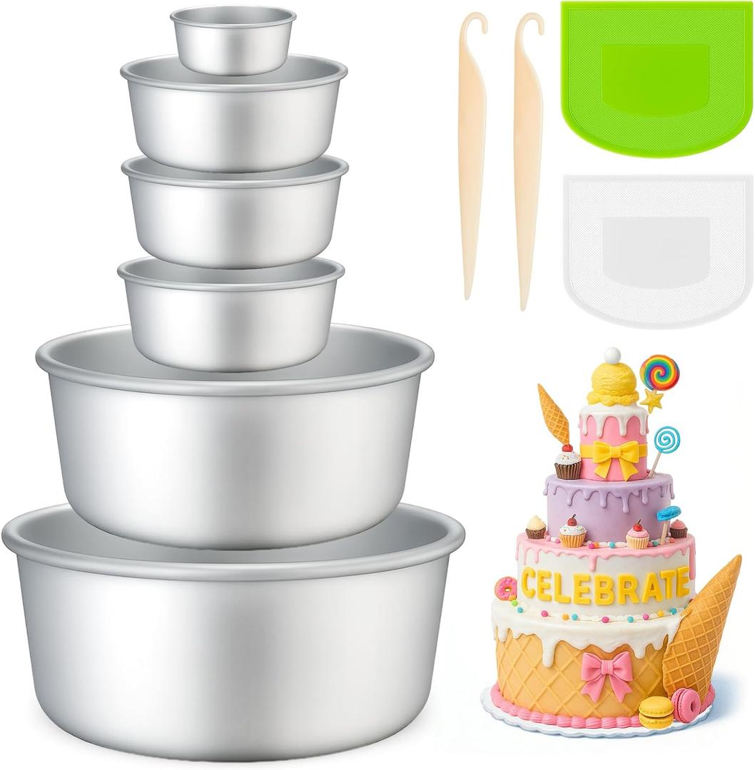 Juome 6Pcs Round Cake Pans Set of 2, 4, 6, 8 Inch - Non-stick Leakproof Cheesecake Baking Pan with Removable Bottom, Anodized Aluminum Smash Cake Pan for Even Baking Chiffon Cake Mold