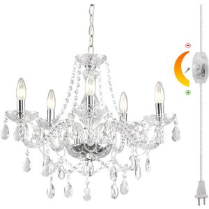 HOXIYA Dimmable Plug-in 5 Light Crystal Chandelier with Cord Glass, Chrome Candle Style Hanging Swag Lighting, K9 Crystals Beads Modern Pendant Light Fixtures Ceiling for Dining Living Room Bedroom