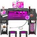 Armocity Computer Desk with LED Lights, 48 Inch Reversible Large Desk with Power Outlet and USB, 48'' Gaming PC Table with Moveable Monitor Stand for Home Office, Workstation, Black (47.2")