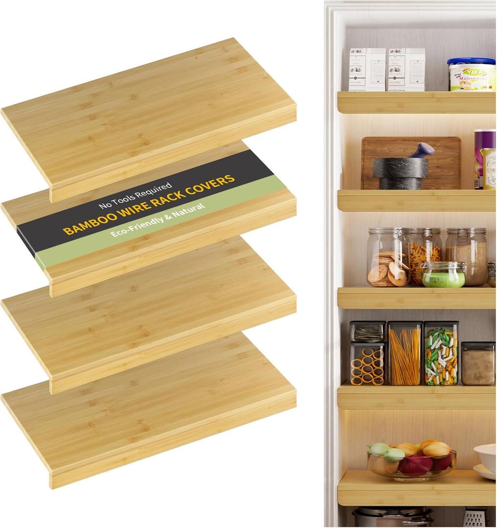 Wire Shelf Covers,34" W x 16" D,4pcs,Natural
Bamboo Wire Rack Covers for Pantry and Closet,Tool-Free,Snap-On,Durable