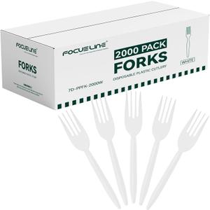 FOCUSLINE 2000 Pack White Plastic Forks Bulk, Heat Resistant Disposable Forks, Plastic Silverware for Take out Restaurants, Parties, Picnics, Travel & Any Events