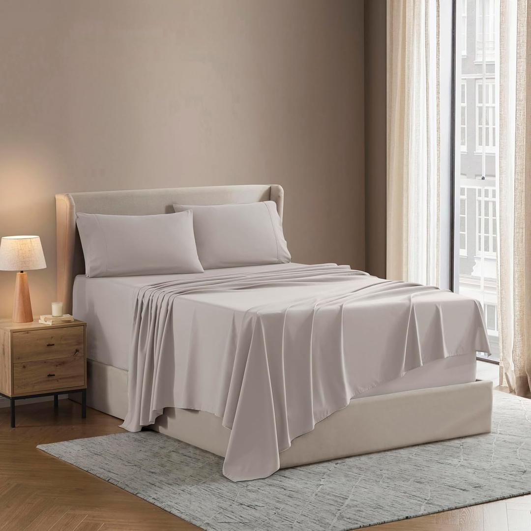 Nestl Short Queen Bed Sheet Set - Linen - Instantly Soft Microfiber, No Break-in Wash - 4-Piece Deep Pocket Sheets & Pillowcases, Stays Put All Night