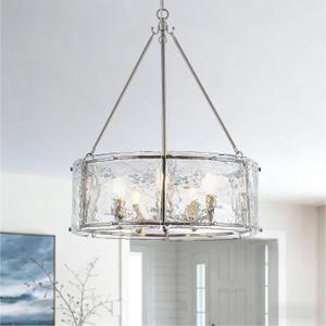 Brushed Nickel Modern Drum Chandelier, 5-Light Dining Room Light Fixture with Textured Clear Patterned Glass Shade, Hanging Pendant Light for Foyer, Kitchen Island, Living Room,Bathroom, 20"L x 20"W x 73"H