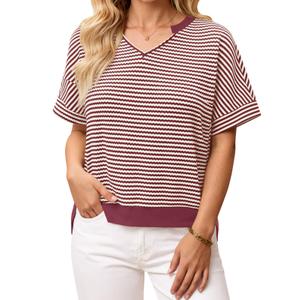 Fisoew Womens Short Sleeve Sweater Summer V Neck Striped Pullover Tops Casual High Low Loose Slit Cropped T Shirts Red (S)
