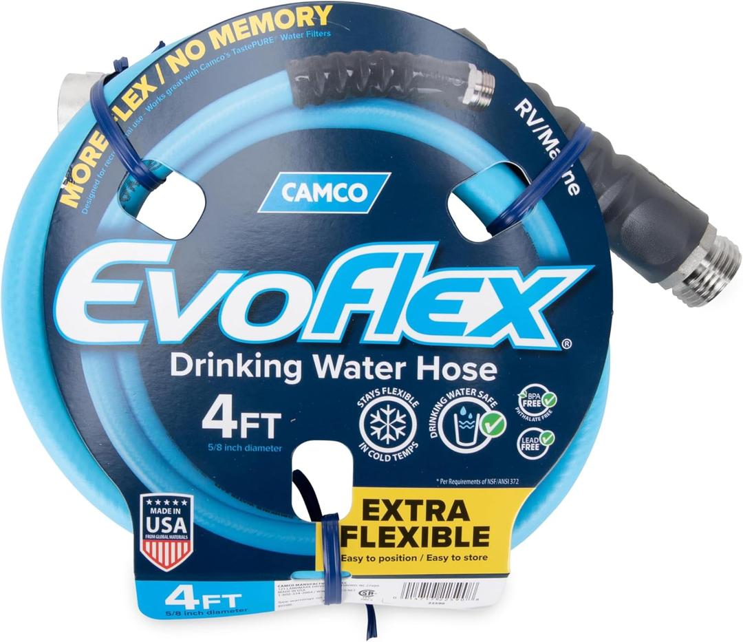 Camco EVOFlex 4-Ft RV Drinking Water Hose - Features Extra Flexible Design w/Stainless Steel Strain Relief Ends - Lead-Free, BPA-Free and Phthalate-Free - 5/8 ID (22590)