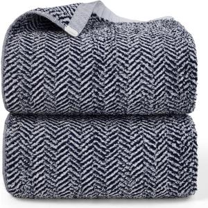 Cleanbear Bath Towels, Luxury 100% Cotton Bath Towels Set for Bathroom, 54 x 28 Inches Large Shower Towels with Herringbone Stripes, Navy Blue, 2 Pack
