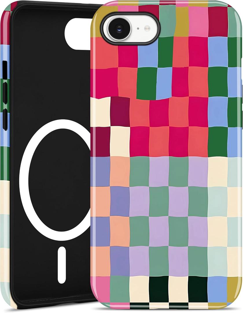 Jusy Compatible with MagSafe Checkerboard Phone Case for iPhone 7/8/SE, Cute Aesthetic Checkered Magnetic Soft TPU and Hard PC Protective Phone Cover for Women GirlsShiny - Colorful