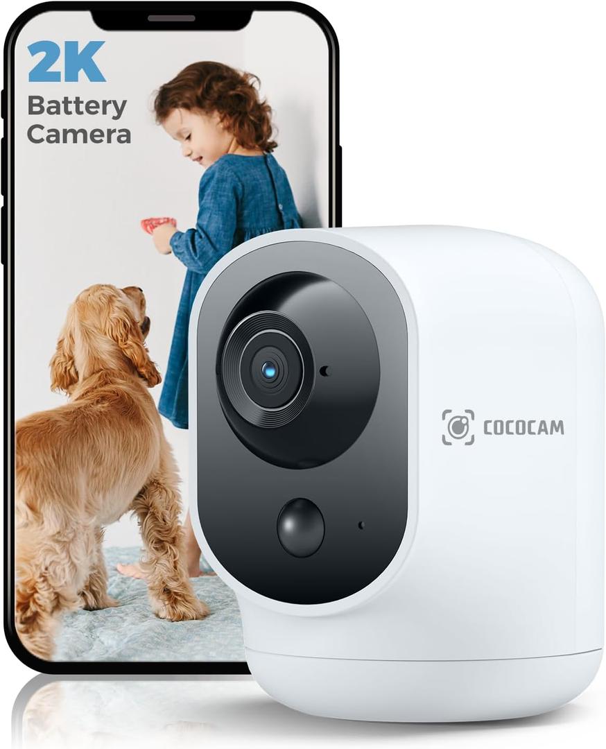 COCOCAM 2K Indoor Pan/Tilt Security Camera with 5200mAh Battery, WiFi Camera,Wireless for Baby Monitor/Pet/Home Security, AI Recognition, PIR Human Detection, 2.4G WiFi (White)