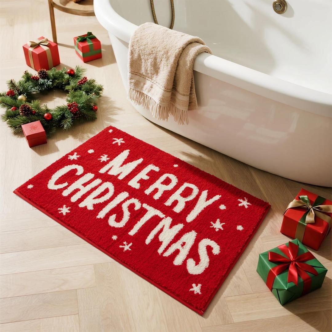 TYUU Christmas Bathroom Rugs, Extra Soft Absorbent Bath Rug Non Slip Washable Bathroom Mat Holiday Xmas Home Decor Indoor Bath Mat, Merry Christmas, 20"x30"