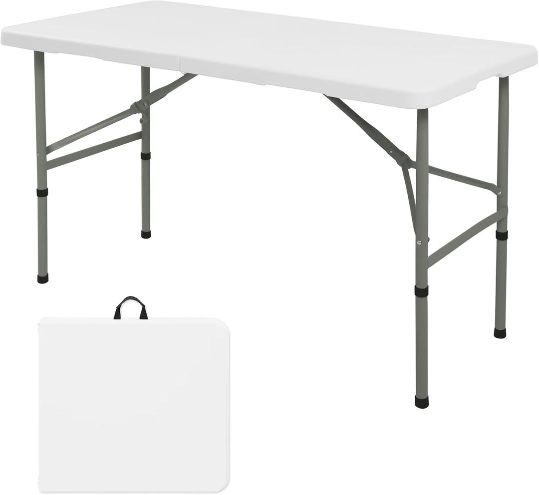 Folding Table 4FT Camping Table Portable Heavy Duty Plastic Rectangular Outdoor Dining Table Steel Legs Fold-in-Half with Carrying Handle for Indoor,Picnic,Party,Wedding,Events(White)