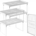 NiHome 4-Pack Stackable Plastic Kitchen Storage Shelf Foldable Rack - White Kitchen Cabinet Organizer and Storage Shelves Stackable Expandable Storage Racks for Counter Cabinet Pantry