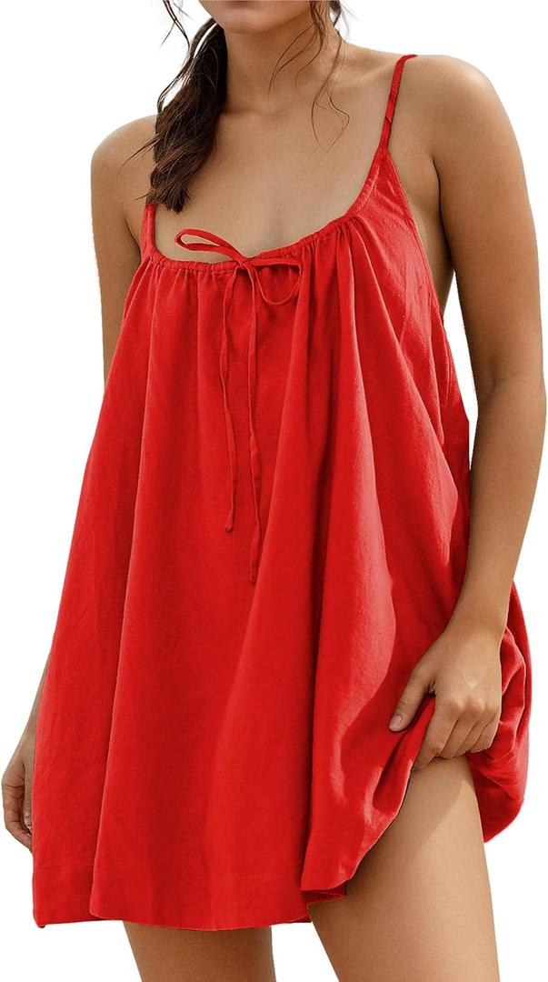 Womens Sundresses Mini Linen Beach Cover Up Tank Summer Casual Spaghetti Strap Sleeveless Dress with Pockets (Medium, Red)