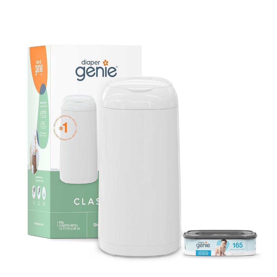 Diaper Genie Classic Pail Includes 1 Starter Square Refill That Can Hold Up To 165 Newborn-Sized Diapers.