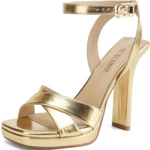 Heels for Women Platform Sandals Womens Chunky High Heels Open Toe Heeled Sandals Ankle Strap Womens Wedding Party Dress Shoes (Silver)