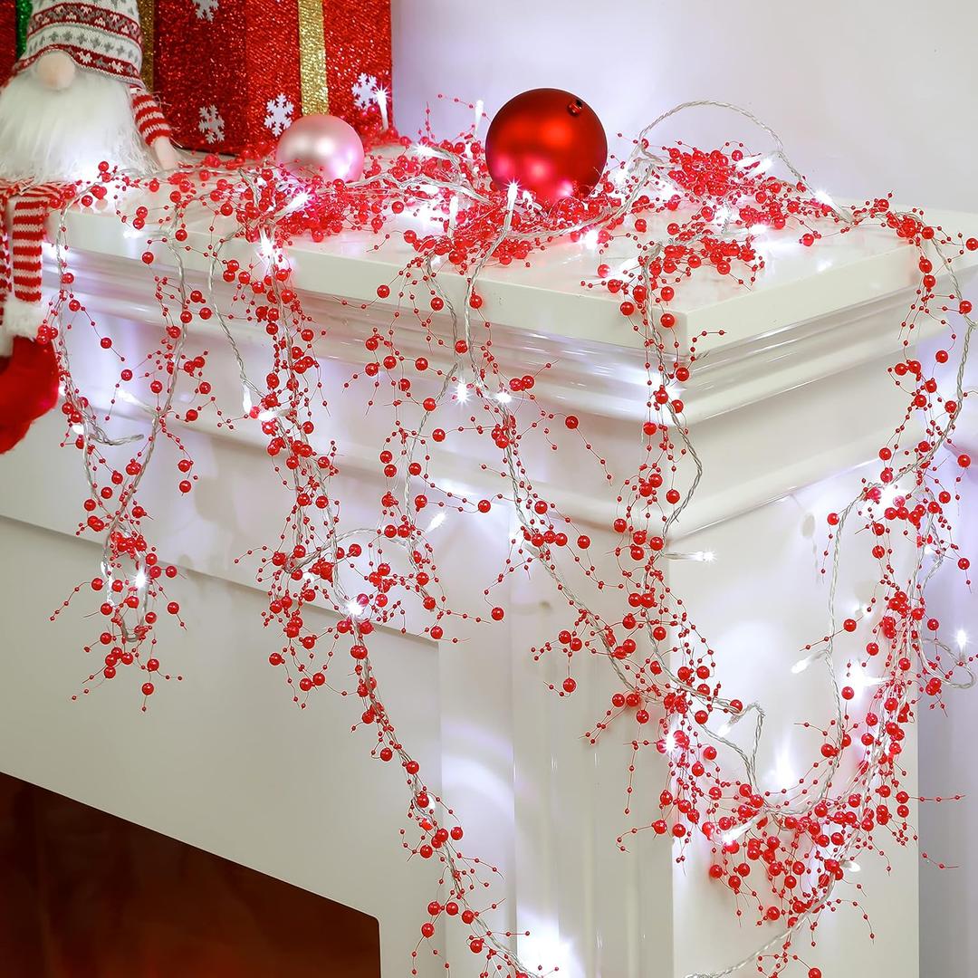 Honoson 33 Feet Christmas Berry Beaded Garland String Light Mantel Garland Christmas Fireplace Decorations, Glitter LED Bead for Fireplace Indoor Outdoor Decor(Red)