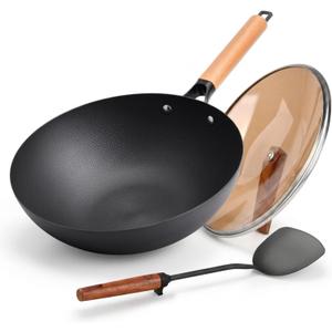 WANGYUANJI 12.6" Carbon Steel Wok with Lid, Flat Bottom Wok Pan for Induction and Gas Stoves, Heavy Duty Unseasoned Asian Stir Fry Pan with Detachable Wooden Handle