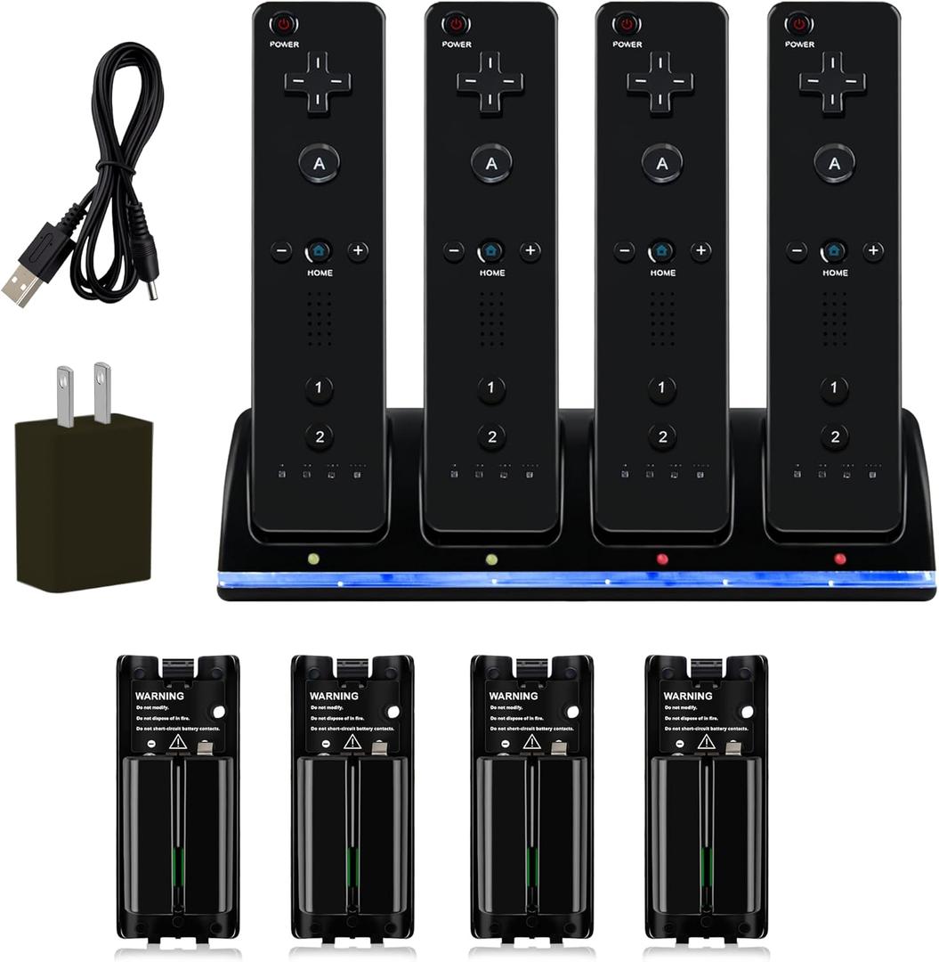 DTianSir 4 in 1 Wii Remote Charger, Charging Station with 4 Pack 2800mAh Rechargeable Battery, Plugs, USB Cable for Wii/Wii U Remote Controller (Black)