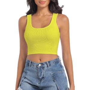 Women's Sleeveless Ribbed Crop Tops Crew Neck Stretchy Casual Basic Fitted Tank Top (Yellow, S)