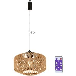 Battery Operated Pendant Light Outdoor Chandelier for Gazebo Hanging Lamp with Remote Timer Powered by 4*AA Batteries Boho Rattan Lampshade LED Lantern for Garden Farmhouse Porch Patio Backyard Decor
