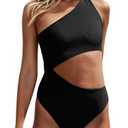 Women's One Piece Ribbed Swimsuit One Shoulder Cutout Swimwear Sexy Bathing Suit Black, XL