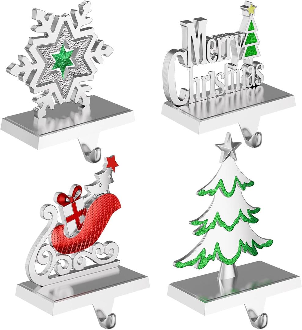 Christmas Stocking Holders for Mantle Weighted Metal Stocking Hangers Hooks for Fireplace Christmas Decorations (Set of 4)