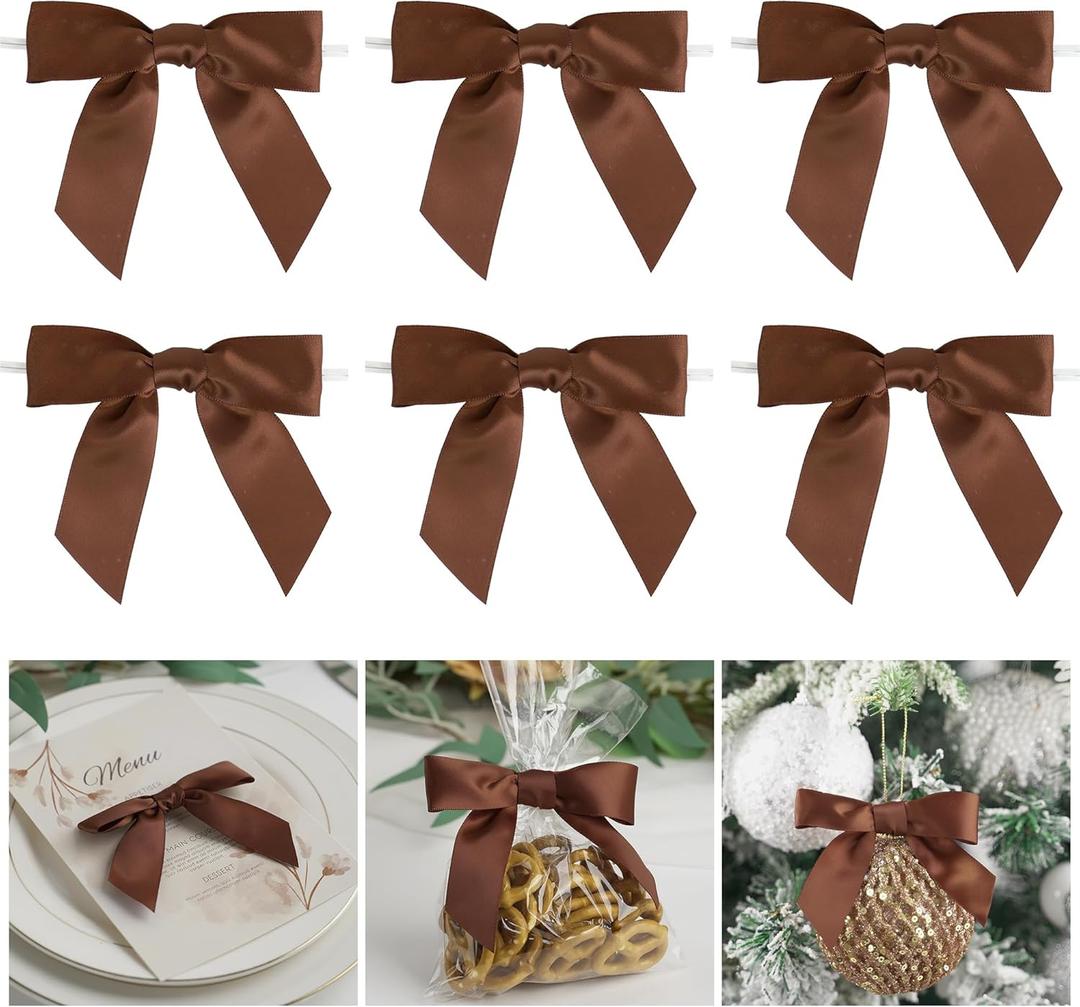 AIMUDI Brown Bows 3.5" Satin Ribbon Bows for Crafts Premade Bows with Twist Ties for Christmas Cake Pop Candy Apple Small Bows for Gift Wrapping Wedding Decor, 50 PCs