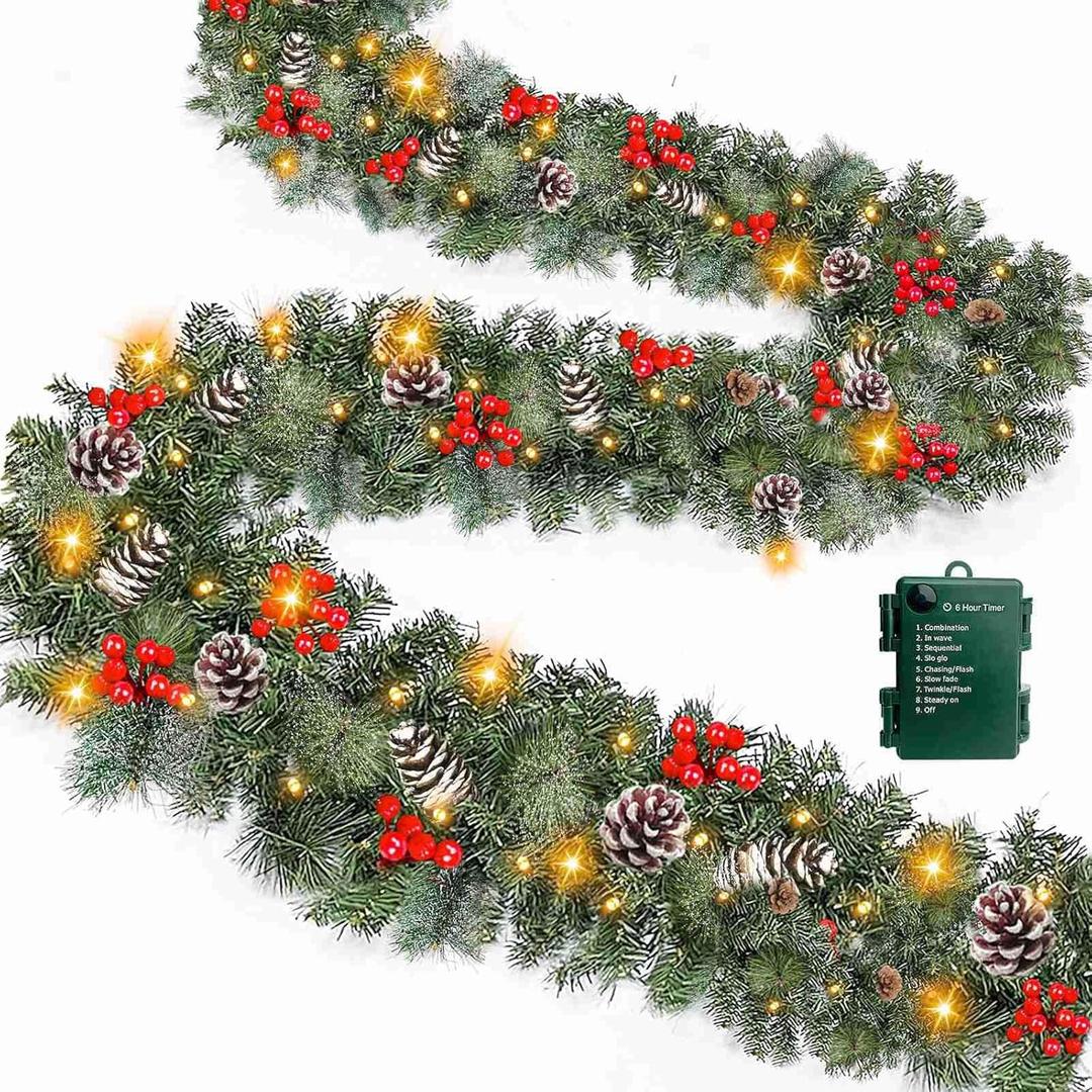 Remote Control - 9 Ft Prelit Christmas Garland 50 Lights Timer 8 Mode Thick 300 Branches 198 Red Berry 18 Pinecone Battery Operated Cedar Garland Outdoor Christmas Garland for Stairs Indoor Xmas Decor