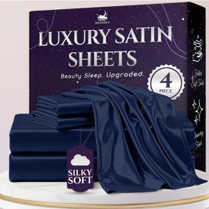 SLEEP SANCTUARY Satin Sheets Queen Size  4 Piece Luxury Silky Bed Set, Softer Than Silk, 15" Deep Pocket, Cooling & Wrinkle-Free, Moisture-Wicking & Breathable for Hair & Skin (Navy Blue)