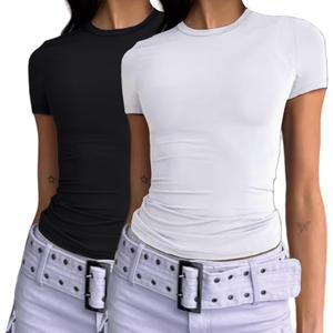 Dwnval Womens 2 Piece Sexy Casual Short Sleeve Crewneck Shirts Summer Slim Fit Cute Crop Tops (M)