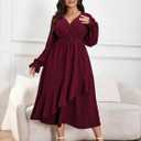Womens Plus Size Wedding Guest Cocktail Maxi Dress Faux Wrap V Neck Long Sleeve Ruffle Hem Split Long Dress (XL)