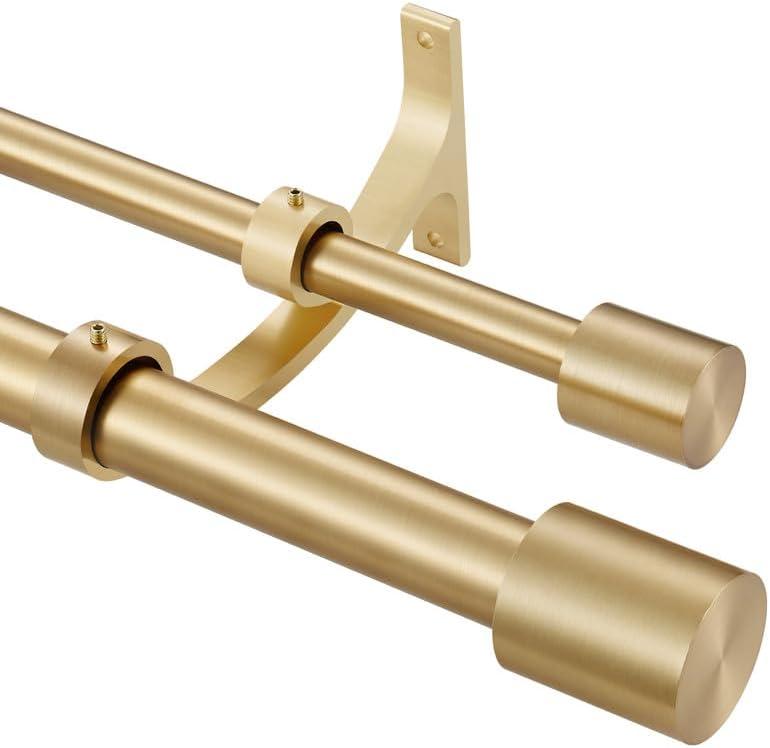 Warm Gold Double Curtain Rods 72-144" (6-12ft), Decorative Double Drapery Rod with Cap Finials, 1 Inch Front and 5/8 Inch Back Heavy Duty Double Window Rods, Adjustable Dual Curtain Rod Warm Gold