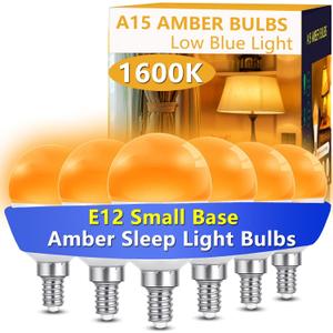 E12 Small Candelabra Base Amber Sleep Light Bulb Dimmable1600K Blue Light Blocking, A15 Warm Night Light Bulbs 25W 40W Equivalent, 3W 300LM Dim Lamp Bulbs for Healthy Sleep, Bedroom 6Pack