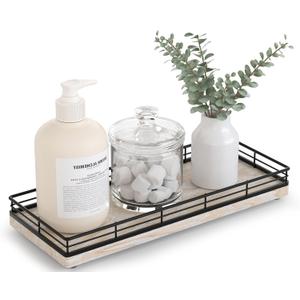 Bathroom Tray for Counter Top Organizer  Ash Wood Vanity Tray with Metal Frame for Dresser, Kitchen, Nightstand  Black & Whitewashed Decorative Storage (11" x 4.5" x 1.5")