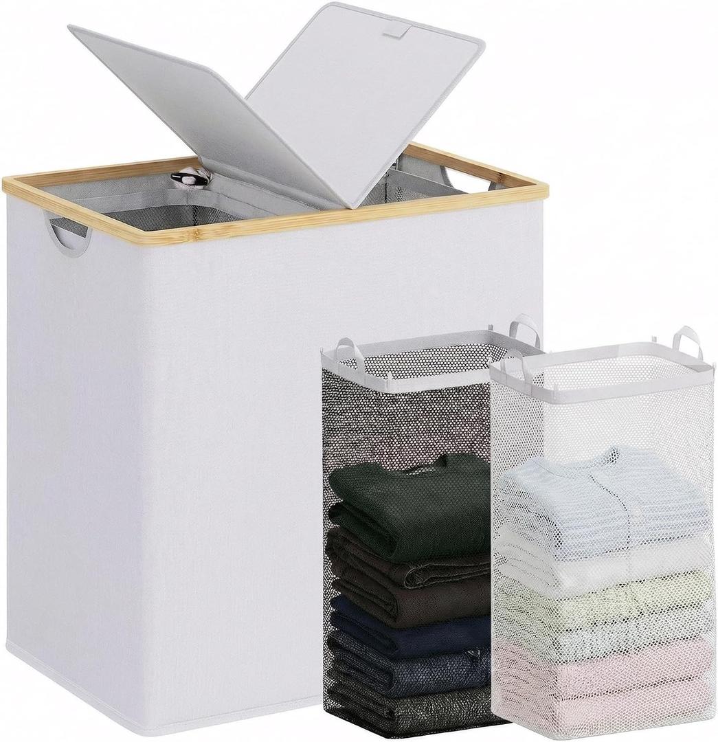 efluky Laundry Hamper with Lid, Double Laundry Hamper with 2 Removable Bags, 2 Section Laundry Basket with Bamboo Handles for Bathroom, Bedroom & Laundry Room, 140L (36.9 Gallon) Light Grey