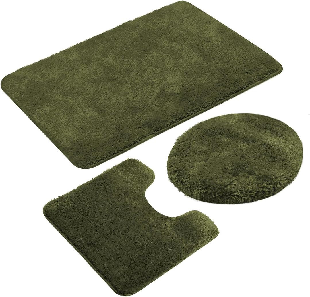 Reyox Plush Shaggy Bath Rug, Contour Mat and Toilet Lid Cover, Soft Microfiber Non Slip Bathroom Rugs Army Green 3 PCS (3 PCS, 19.7"x31.5", 19.7"x19.7", 18.5"x19.7")