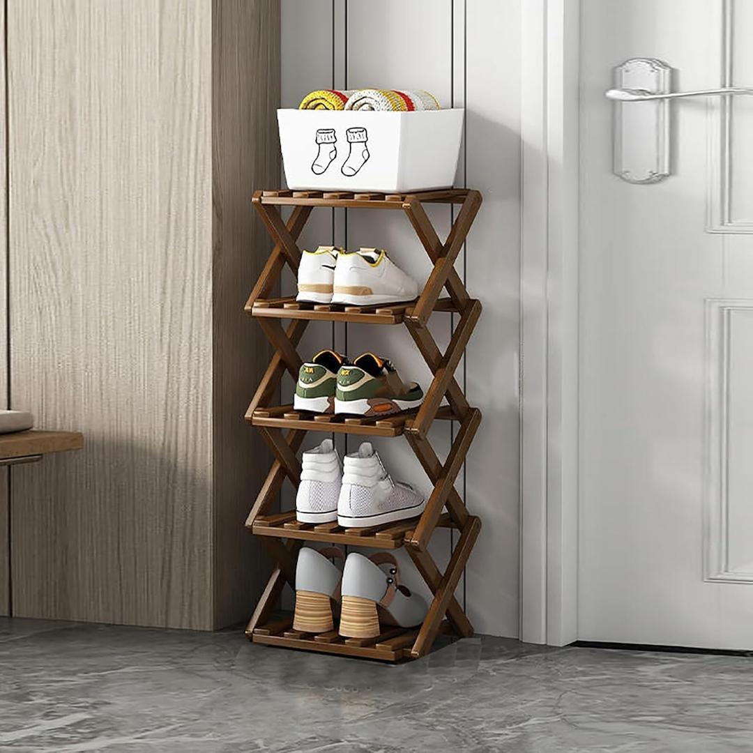 Foldable Shoe Rack, Bamboo Vertical Shoe Organizer Tall for Small Spaces. Multifunctional Narrow Shoe Shelf for Entryway, Closet, Corner, Bedroom, Hallway, Brown Color 5 Layers